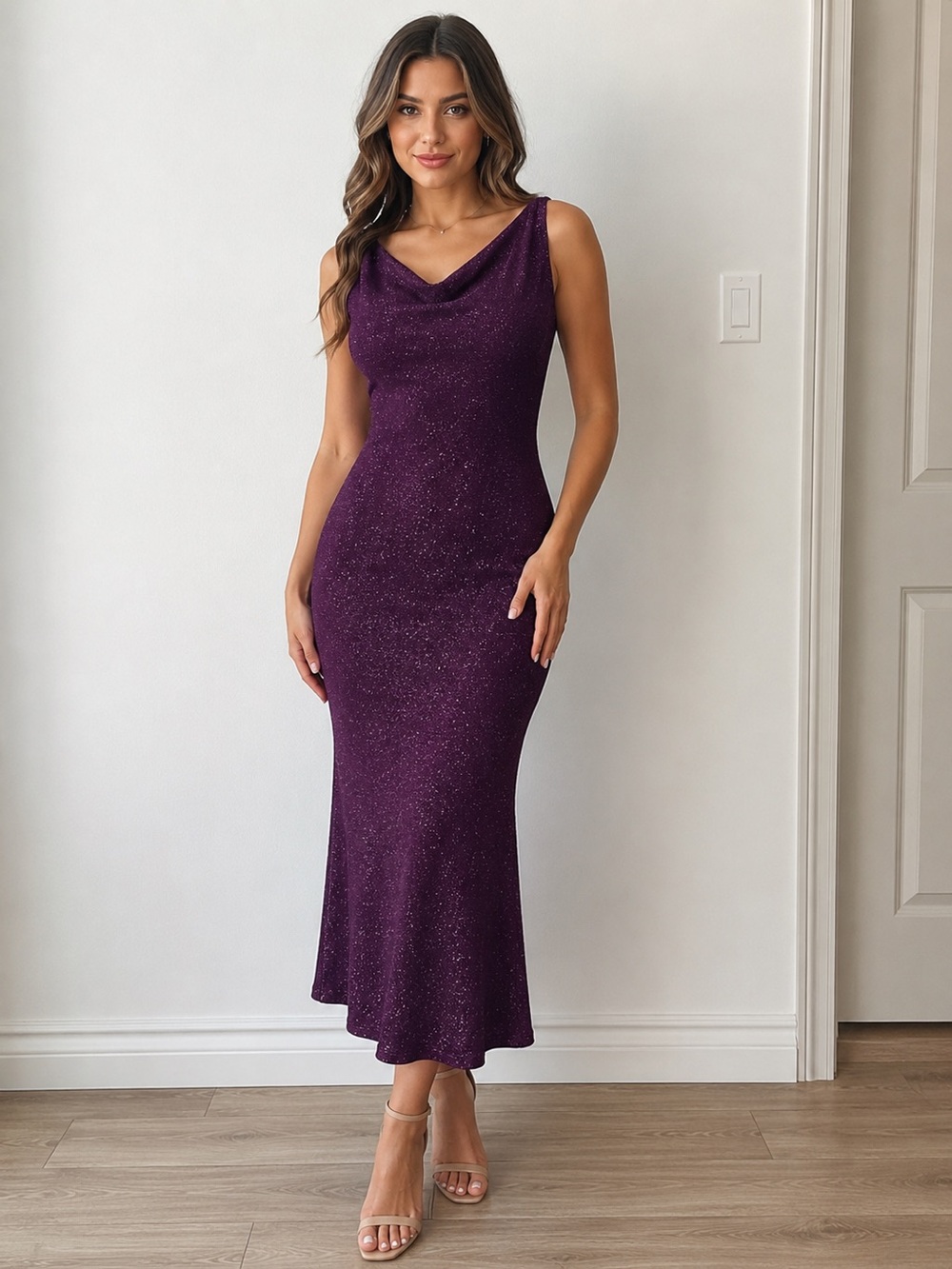 BeryLove Elegant Bodycon Glitter Purple Cocktail Dress | size L